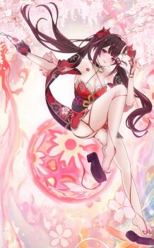 Rule 34 | 1girl, black sandals, blush, breasts, card, cleavage, collarbone, commentary request, detached sleeves, fingernails, fox mask, gun, hair between eyes, hair ornament, highres, holding, holding gun, holding mask, holding weapon, honkai: star rail, honkai (series), japanese clothes, kimono, long hair, mask, mask on head, medium breasts, mole, mole under each eye, mole under eye, multiple moles, nail polish, o-ring, o-ring thigh strap, pink eyes, red kimono, saint laurent paris, sandals, sleeveless, sleeveless kimono, solo, sparkle (honkai: star rail), thigh strap, toenail polish, toenails, tongue, tongue out, twintails, underwear, very long hair, weapon