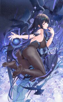 1girl arm_behind_back armband artist_name ass atdan back bare_arms bare_back barefoot bird black_hair black_wings bodystocking branch breasts crow feathers finger_to_mouth flower full_body highres large_breasts leaning_forward legs_up leotard long_hair looking_at_viewer looking_back magic original purple_eyes revealing_clothes rose sideboob solo thorns tongue tongue_out underboob very_long_hair white_flower white_rose wings