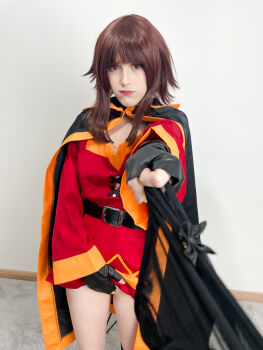 Rule 34 | 1girl, absurdres, belt, black cape, black gloves, black panties, blunt bangs, breasts, brown hair, cape, carpet, cosplay, cosplay photo, covering crotch, covering privates, dress, feet out of frame, fingerless gloves, floor, frilled panties, frills, gloves, highres, holding, holding unworn clothes, holding panties, holding underwear, holding unworn clothes, indoors, kono subarashii sekai ni shukufuku wo!, lips, long hair, looking at viewer, megumin, megumin (cosplay), no panties, orange trim, panties, photo (medium), pout, red dress, red eyes, see-through clothes, see-through panties, sidelocks, small breasts, solo, standing, stelarhoshi, underwear, wall