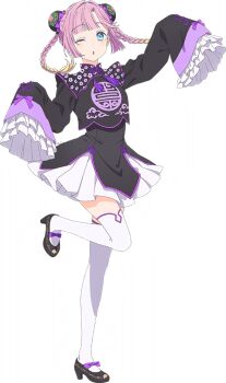 1girl anyoji_hime black_shirt black_shoes black_skirt blonde_hair blunt_bangs bow bow_legwear chinese_clothes double_bun flipped_bangs flower_knot full_body game_cg gradient_hair hair_bun hair_intakes hasu_no_sora_pop_up_shop_china_collection high_heels leg_up link!_like!_love_live! long_sleeves looking_at_viewer love_live! multicolored_hair non-web_source official_alternate_costume official_art pink_hair purple_bow shirt shoes sidelocks simple_background skirt sleeves_past_fingers sleeves_past_wrists solo standing standing_on_one_leg tassel thighhighs transparent_background twintails virtual_youtuber white_skirt white_thighhighs zettai_ryouiki