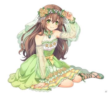 Rule 34 | 1girl, akatsuki no kiseki, arm support, brown hair, closed mouth, detached sleeves, dress, eiyuu densetsu, eyebrows hidden by hair, flower, green dress, green eyes, green ribbon, green sleeves, hair between eyes, hair flower, hair ornament, halterneck, head wreath, layered dress, leg ribbon, long hair, long sleeves, looking at viewer, navel, official art, ribbon, rose, see-through clothes, see-through sleeves, sen no kiseki (series), sen no kiseki i, short dress, simple background, smile, solo, tachi-e, third-party source, towa herschel, very long hair, white background, white dress, yellow flower, yellow rose