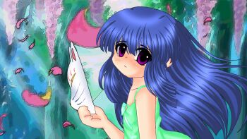 1girl blue_hair blush commentary cropped_torso derivative_work dress english_commentary expressionless falling_petals floating_hair forest fox_mask furude_rika green_dress highres higurashi_no_naku_koro_ni hime_cut holding holding_mask long_hair looking_at_viewer mask nature nekotorine parody petals pink_petals purple_eyes ryukishi07_(style) sleeveless sleeveless_dress solo spaghetti_strap style_parody upper_body wind