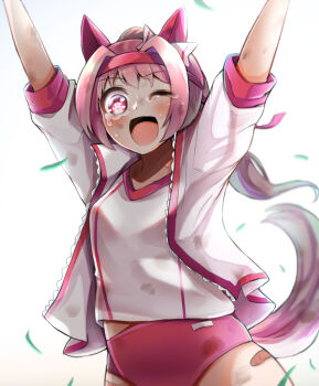 1girl animal_ears arms_up bandaid bandaid_on_leg blush buruma commentary_request cowboy_shot crying crying_with_eyes_open diz_(diznaoto) grass gym_uniform hair_intakes haru_urara_(bestest_prize)_(umamusume) haru_urara_(umamusume) highres horse_ears horse_girl horse_tail jacket long_hair looking_at_viewer one_eye_closed open_clothes open_jacket open_mouth pink_buruma pink_hair shirt short_sleeves simple_background smile solo tail tears umamusume white_background white_jacket white_shirt