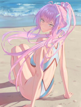 1girl absurdres aemeath_(wuthering_waves) arm_support artist_name back_cutout bare_shoulders breasts closed_mouth clothing_cutout commentary hair_ornament highres knees_up legs_together long_hair looking_at_viewer looking_back medium_breasts pink_hair ponytail sidelocks sitting smile solo star-shaped_pupils star_(symbol) sugarism symbol-shaped_pupils thighs wind wuthering_waves yellow_eyes