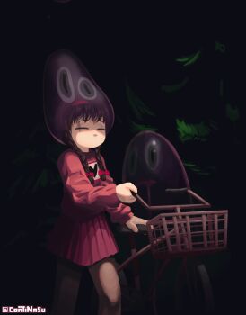 1girl animated animated_gif basket bicycle bicycle_basket bow braid brown_hair closed_eyes coatinasu commentary creature dark drooling english_commentary feet_out_of_frame forest frog_character_(yume_nikki) hair_bow hand_up handlebar highres holding long_hair long_sleeves madotsuki miniskirt multiple_hair_bows nature no_mouth pink_skirt pink_sweater pleated_skirt print_sweater pushing_bicycle raised_eyebrows shaded_face short_bangs skirt slime_(creature) sweater tree twin_braids twintails vignetting walking wheel yume_nikki