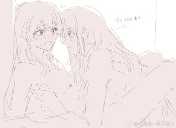 2girls bang_dream! bang_dream!_it&#039;s_mygo!!!!! bite_mark_on_leg blue_eyes blush chihaya_anon chinese_commentary commentary_request eye_contact grey_eyes long_hair looking_at_another multiple_girls nagasaki_soyo open_mouth sidelocks siy_(shengxiu760722) spot_color translation_request yuri