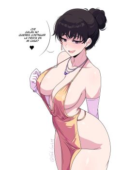 1girl absurdres arm_behind_back bare_shoulders black_hair blue_eyes bracelet breasts chainsaw_man cleavage collarbone commentary cowboy_shot dress drunk earrings elbow_gloves english_commentary from_side gloves gold_dress gratam hair_bun halter_dress halterneck highres jewelry large_breasts light_blush looking_at_viewer mature_female mitaka_asa's_mother narrow_waist necklace new_year no_bra no_panties open_mouth pelvic_curtain plunging_neckline revealing_clothes simple_background single_hair_bun sleeveless solo spanish_text standing talking twitter_username white_background white_gloves wide_hips