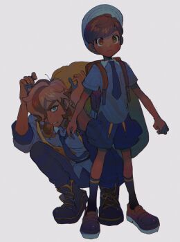 2boys absurdres arven_(pokemon) backpack bag black_footwear black_pants black_socks boots breast_pocket brown_eyes brown_footwear brown_hair closed_mouth collared_shirt drawstring fingernails florian_(pokemon) frown full_body grey_headwear grey_shirt hair_over_one_eye hands_up hat highres kneehighs lace-up_boots legs_apart light_brown_hair long_hair multicolored_hair multiple_boys necktie nintendo pants pocket pokemon pokemon_sv purple_necktie purple_shorts school_uniform shirt short_hair shorts simple_background single_horizontal_stripe socks squatting standing streaked_hair thxzmgn two-tone_hair uva_academy_school_uniform wavy_hair white_background yellow_bag