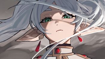 1girl derivative_work double-parted_bangs earrings frieren green_eyes highres jewelry keomikan looking_at_viewer pointy_ears portrait screenshot_redraw serious sidelighting solo sousou_no_frieren twintails white_hair