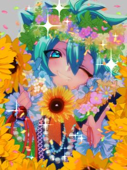 1boy antenna_hair basil_(headspace)_(omori) basil_(omori) blush commentary_request double-parted_bangs flower flower_wreath hair_between_eyes head_wreath highres kauchi_(kani10cauchi) looking_at_viewer male_focus omori one_eye_closed open_mouth short_hair sidelocks smile solo sunflower upper_body