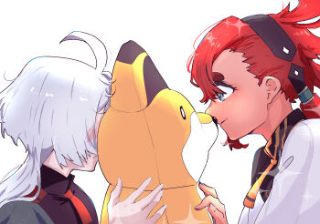 2girls absurdres asticassia_school_uniform black_hairband blue_eyes blush commentary_request green_jacket grey_hair gundam gundam_suisei_no_majo hairband highres holding holding_stuffed_toy jacket kusakayosituki1 long_hair miorine_rembran multiple_girls red_hair school_uniform simple_background smile stuffed_animal stuffed_toy suletta_mercury thick_eyebrows white_background white_jacket yuri