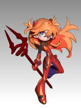1girl 3d artist_request blue_eyes bodysuit breasts brown_hair floating_hair gradient_background grey_background holding holding_weapon interface_headset_(evangelion) lance_of_longinus_(evangelion) looking_at_viewer mecha_pilot_suit neon_genesis_evangelion plugsuit_(evangelion) red_bodysuit simple_background smile solo souryuu_asuka_langley toon_(style) two_side_up weapon white_background wide_hips zbrush_(medium)