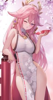 1girl adapted_costume areola_slip bare_arms bare_shoulders branch breasts cherry_blossoms china_dress chinese_clothes collarbone commentary cup dress earrings falling_petals floating_earrings floppy_ears floral_print flower genshin_impact gold_earrings groin hair_between_eyes hair_flaps hand_up highres jewelry large_breasts leaning_on_object leaning_to_the_side long_hair looking_at_viewer lunacle no_panties one_eye_closed paid_reward_available parted_lips pelvic_curtain petals pink_hair purple_eyes purple_flower sakazuki sakuramon see-through_clothes sideboob sideless_outfit sleeveless sleeveless_dress solo very_long_hair white_dress white_flower yae_miko