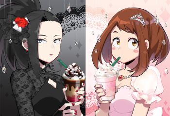 10s 2girls black_background black_dress black_hair blush_stickers boku_no_hero_academia breasts brown_eyes brown_hair cleavage cleavage_cutout clothing_cutout collarbone commentary_request crown cup detached_sleeves diamond_(gemstone) dress drinking_straw earrings eyelashes fishnets flower food gem grey_eyes hair_flower hair_ornament holding holding_cup ice_cream jewelry jinno_(megacake) lipstick long_hair looking_at_viewer makeup medium_breasts mini_crown multiple_girls nail_polish necklace pink_background pink_dress pink_nails ponytail puffy_short_sleeves puffy_sleeves red_lips red_nails rose short_hair short_sleeves sidelocks split_screen starbucks tiara upper_body uraraka_ochako yaoyorozu_momo