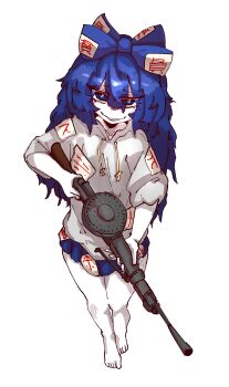 1girl absurdres barefoot blue_bow blue_eyes blue_hair blue_skirt bow commentary debt dp-27 drawstring full_body gengmin0922 grey_hoodie gun hair_bow highres holding holding_gun holding_weapon hood hoodie light_machine_gun long_hair looking_at_viewer machine_gun rampa93_(style) simple_background skirt solo touhou weapon white_background yorigami_shion