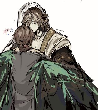 2boys artist_name bird_wings bishounen brown_coat brown_hair chinese_clothes closed_eyes coat facing_another feathered_wings getian_(reverse:1999) green_wings hands_on_another&#039;s_shoulders hands_up hanfu harpy_boy highres kiss long_hair low_ponytail male_focus monster_boy multiple_boys name_day_(reverse:1999) ponytail reverse:1999 simple_background tmor1999 twitter_username upper_body veil white_background winged_arms wings yaoi yellow_hanfu