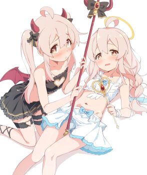 1girl ahoge angel_and_devil ankle_lace-up bare_arms bare_shoulders black_bow black_skirt black_tube_top blue_bow blush bow bow_camisole skirt_bow braid brown_eyes camisole cleavage_cutout clothing_cutout collarbone commentary_request crop_top demon_girl demon_horns demon_wings frilled_skirt frills hair_between_eyes hair_bow halo hand_up heart heart_cutout highres hip_bones holding holding_polearm holding_wand holding_weapon horns kneeling layered_skirt long_hair looking_at_viewer lying midriff miniskirt multiple_views navel nekono_matatabi no_panties nose_blush on_back onii-chan_wa_oshimai! oyama_mahiro pink_hair polearm red_horns red_wings simple_background skirt strapless thigh_strap trident tube_top twin_braids twintails two-tone_skirt wand weapon white_background white_camisole white_skirt white_wrist_cuffs winged_wand wings wrist_cuffs yellow_halo