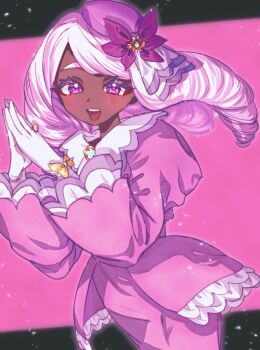 Rule 34 | 1girl, absurdres, ascot, blush, commentary request, dark-skinned female, dark skin, dress, fascinator, frilled ascot, frills, glove bow, gloves, godouyu (neisukun), gold ring, hair ornament, highres, jacinthe (pokemon), juliet sleeves, long hair, long sleeves, looking at viewer, low drills, mega stone, nintendo, open mouth, pokemon, pokemon legends: z-a, puffy sleeves, purple dress, purple eyes, purple hair, smile, solo, very dark skin, white gloves