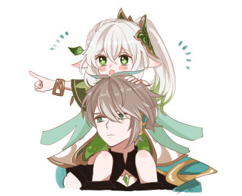 1boy 1girl :o absurdres alhaitham_(genshin_impact) antenna_hair black_shirt blush blush_stickers bracelet braid carrying chest_jewel closed_mouth cocotsuko1204 dot_nose genshin_impact green_eyes green_hair grey_hair hair_between_eyes hair_ornament highres jewelry leaf_hair_ornament long_hair mandarin_collar multicolored_hair nahida_(genshin_impact) open_mouth pointing pointing_forward pointy_ears shirt short_hair shoulder_carry side_ponytail simple_background streaked_hair symbol-shaped_pupils two-tone_hair white_background white_hair