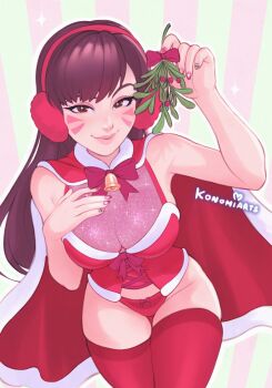 1girl absurdres armpit_crease artist_name bare_arms bell bow bow_panties bowtie breasts brown_eyes cape closed_mouth commentary cowboy_shot cross-laced_clothes cross-laced_leotard d.va_(overwatch) earmuffs english_commentary facial_mark fur-trimmed_cape fur-trimmed_leotard fur_trim groin hand_on_own_chest hand_up highres holding holding_mistletoe konomidraws large_breasts leotard long_hair looking_at_viewer mistletoe multicolored_nails neck_bell overwatch panties pink_background pink_bow pink_bowtie pink_lips pink_nails purple_hair red_cape red_leotard red_panties red_thighhighs sideboob smile solo spaghetti_strap sparkling_eyes striped_background thighhighs two-tone_background underwear whisker_markings yellow_background