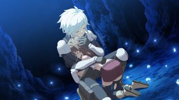 1boy 1girl anime_coloring armor bell_cranel black_gloves black_pants black_shirt black_thighhighs boots brown_boots brown_hair cave cave_interior closed_eyes couter crying danmachi_battle_chronicle dirty dirty_clothes dungeon_ni_deai_wo_motomeru_no_wa_machigatteiru_darou_ka game_cg gloves hand_on_another&#039;s_head highres hug kneeling liliruca_arde non-web_source official_art on_one_knee open_mouth pants pauldrons poleyn pouch red_skirt shirt short_hair shoulder_armor skirt thigh_pouch thighhighs torn_clothes torn_thighhighs vambraces white_hair