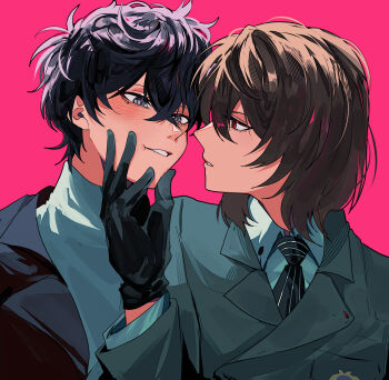 Rule 34 | 2boys, absurdres, akechi gorou, amamiya ren, black gloves, black hair, brown hair, coat, collared shirt, commentary, english commentary, eye contact, face-to-face, fsmaichobpeg0, gloves, hand on another's chin, highres, long sleeves, looking at another, male focus, multiple boys, necktie, parted lips, persona, persona 5, pink background, red eyes, shirt, short hair, simple background, striped clothes, teeth, vertical-striped clothes, vertical-striped necktie, white shirt