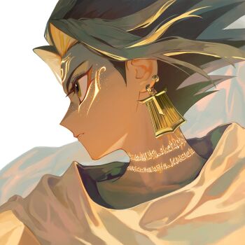 1boy atem cape collarbone commentary_request earrings eyelashes eyeliner facial_mark highres jewelry korean_commentary makeup male_focus multicolored_hair papaya0813 parted_lips piercing profile simple_background solo spiked_hair upper_body white_background white_cape yellow_eyes yu-gi-oh! yu-gi-oh!_duel_monsters