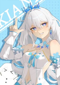 1girl absurdres bare_shoulders birthday blue_background blue_eyes breasts butadesu character_name character_snowman commentary_request detached_sleeves dress earrings highres honkai_(series) honkai_impact_3rd jewelry kiana_kaslana kiana_kaslana_(ba-dum!_fiery_wishing_star) kiana_kaslana_(wintery_wishes) l_hand long_hair smile solo strapless strapless_dress tiara white_dress white_hair