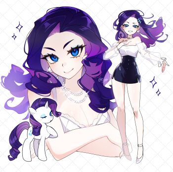 1girl black_skirt blue_eyes blue_eyeshadow breasts cio_(ciosui) cleavage closed_mouth crossed_arms eyeshadow high_heels highres jewelry long_hair long_sleeves looking_at_viewer makeup medium_breasts my_little_pony my_little_pony:_friendship_is_magic necklace one_eye_closed parted_lips personification purple_hair rarity_(my_little_pony) shoes skirt smile solo white_shoes