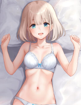 1girl aqua_eyes blonde_hair blush bow bow_bra bra breasts ca_paria collarbone commentary_request earrings hands_up head_on_pillow idolmaster idolmaster_shiny_colors jewelry looking_at_viewer lying medium_breasts navel on_back on_bed open_mouth panties pillow serizawa_asahi short_hair smile solo stomach stud_earrings underwear underwear_only upper_body variant_set white_bra white_panties