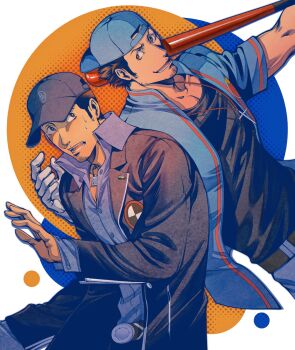 Rule 34 | 2boys, backwards hat, baseball bat, baseball cap, baseball uniform, belt, belt buckle, black belt, black hair, black jacket, black shirt, blazer, blue hat, blue shirt, buckle, chinese commentary, cross, cross necklace, dual persona, facial hair, gekkoukan high school uniform, gloves, goatee stubble, hat, highres, holding, holding baseball bat, iori junpei, jacket, jewelry, male focus, metal belt, multiple boys, necklace, oldkin, open mouth, persona, persona 3, persona 4: the ultimate in mayonaka arena, school uniform, shirt, shirt tucked in, short hair, smile, sportswear, stubble, sweat, white gloves