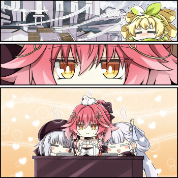 4girls animal animal_on_head bird bird_on_head black_hat blonde_hair body_markings breasts bright_pupils changli_(wuthering_waves) cleavage closed_eyes closed_mouth cold colored_eyelashes commentary_request earrings hair_between_eyes hair_ornament hair_rings hat highres jewelry jinhsi_(wuthering_waves) korean_commentary large_breasts long_hair mole mole_on_cheek multiple_girls on_head orange_eyes pink_hair sanhua_(wuthering_waves) smile trembling verina_(wuthering_waves) white_hair white_pupils windy_(jazz9207) wuthering_waves