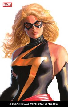 1girl alex_ross artist_name avengers_(series) black_gloves black_leotard blonde_hair blue_eyes carol_danvers comic_cover company_name copyright_name cover cover_page domino_mask elbow_gloves english_text eye_mask gloves highres leotard lightning_bolt_symbol long_hair looking_at_viewer marvel mask ms._marvel official_art realistic red_sash sash solo superhero_costume third-party_source upper_body western_comics_(style) white_background x-men