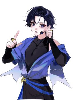 1boy artist_name belt black_bodysuit black_bridal_gauntlets black_hair black_pants blue_belt blue_shirt blue_sleeves blunt_ends bodysuit bridal_gauntlets bright_pupils clenched_hand cnorkie covered_collarbone cropped_legs eyeliner eyeshadow furisode_sleeves genshin_impact gold_ring hair_behind_ear hands_up headset highres idol index_finger_raised lower_teeth_only makeup male_focus microphone middle_ring open_clothes open_mouth open_shirt pants purple_eyes red_eyeliner red_eyeshadow scaramouche_(genshin_impact) shirt short_sleeves signature single_off_shoulder solo teeth tongue tsurime turtleneck turtleneck_bodysuit upper_body wanderer_(genshin_impact) white_background white_pupils wispy_bangs