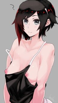 1girl ? bare_shoulders black_hair breasts casual female_focus grey_background grey_eyes highres kuroino_(0kuro8ino6) leaning_forward looking_at_viewer multicolored_hair nipples no_bra off_shoulder pajamas red_hair ruby_rose rwby short_hair small_breasts smile solo strap_slip tank_top two-tone_hair upper_body