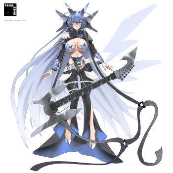 1girl absurdly_long_hair alternate_costume azur_lane black_pants blue_eyes blue_hair breasts electric_guitar epaulettes full_body glasses guitar highres instrument large_breasts long_hair long_sleeves new_jersey_(azur_lane) pants pengzshu revealing_clothes simple_background single_epaulette solo triangular_eyewear very_long_hair white_background