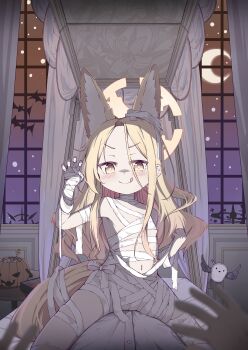 1boy 1girl 1other :q absurdres animal_ears bandages bat_(animal) bed blonde_hair blue_archive breasts candy canopy_bed crescent_moon flat_chest food fox_ears fox_girl fox_tail girl_on_top halloween halloween_bucket halloween_costume highres kyouwashi lollipop long_hair looking_at_viewer lying moon naked_bandage navel night on_back on_bed pov seia_(blue_archive) small_breasts smile solo straddling tail tongue tongue_out v-shaped_eyebrows window yellow_eyes