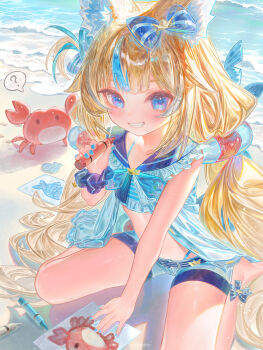 Rule 34 | 1girl, absurdres, animal ears, beach, bikini, blonde hair, blue eyes, blue nails, cat ears, crab, diyokama, highres, indie virtual youtuber, long hair, sameko saba, smile, solo, swimsuit, virtual youtuber