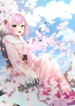 1girl :d absurdres alternate_costume arms_at_sides blue_sky blunt_ends blurry blush bob_cut cherry_blossom_print cherry_blossoms commentary_request day depth_of_field dutch_angle falling_petals fang feet_out_of_frame floral_print floral_print_kimono fur-trimmed_kimono fur_trim furisode green_eyes hair_between_eyes hair_ornament happy heart heart_in_eye highres japanese_clothes kanzashi kimono long_sleeves looking_ahead medium_hair new_year obsidiaki on_branch open_mouth outdoors petals pink_hair pink_kimono print_kimono sitting sitting_on_branch skin_fang sky smile solo straight_hair symbol_in_eye tanikaze_amane tenshi_souzou_re-boot! wide_sleeves