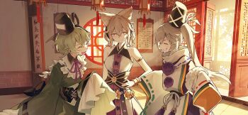 3girls adapted_costume black_corset blonde_hair bracelet breasts closed_eyes commentary_request corset dress earmuffs frilled_sleeves frills game_cg green_dress green_hair grey_hair grin hand_on_own_hip hat japanese_clothes jewelry kariginu long_hair long_sleeves mononobe_no_futo multiple_girls neck_ribbon official_art open_mouth pointy_hair pom_pom_(clothes) ponytail purple_ribbon purple_skirt ribbon ribbon-trimmed_sleeves ribbon_trim shirt skirt sleeveless sleeveless_shirt sleeves_past_fingers sleeves_past_wrists smile soga_no_tojiko syuri22 tate_eboshi third-party_source touhou touhou_gensou_eclipse toyosatomimi_no_miko wide_sleeves yellow_eyes