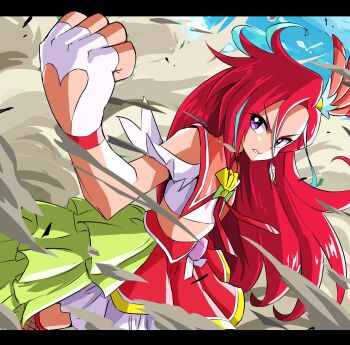 1girl absurdres blue_streaks clenched_hand clothing_cutout commentary cowboy_shot crop_top cure_flamingo dust dust_cloud dutch_angle earrings feather_earrings feathers fingerless_gloves fishnet_thighhighs fishnets glove_cutout gloves hair_ornament hand_up heart heart_cutout heart_in_eye highres jewelry letterboxed long_hair magical_girl midriff outdoors outside_border precure purple_eyes red_hair red_skirt shirt shoulder_cutout skirt solo standing symbol_in_eye takizawa_asuka thighhighs tropical-rouge!_precure uraki v-shaped_eyebrows white_gloves white_shirt