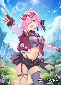 :d ahoge black_gloves black_panties black_shorts blue_sky braid chest_harness cloud collared_shirt commentary_request copyright_name cowboy_shot cropped_vest day earrings eyewear_on_head flower gloves green_eyes grey_shirt grey_thighhighs grey_vest hair_over_one_eye hair_ribbon harness heart heart-shaped_eyewear himemori_luna himemori_luna_(streetwear) hololive jacket jewelry lens_flare letterman_jacket midriff nail_polish navel o-ring o-ring_thigh_strap official_alternate_costume official_alternate_hairstyle official_art open_fly open_mouth outdoors panties panty_straps pink_hair pink_nails pointing purple_jacket raglan_sleeves ribbed_shirt ribbon shirt short_hair short_shorts shorts side_braid single_thighhigh sky smile star_o-ring sunglasses tauta_(meshia8787) teeth thigh_strap thighhighs torn_clothes torn_thighhighs underwear upper_teeth_only vest virtual_youtuber wallet_chain white_sleeves windmill