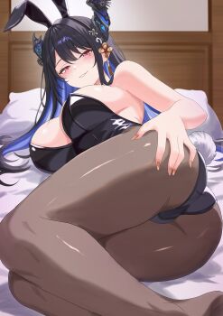 1girl animal_ear_hairband animal_ears ass bed black_hair black_leotard blue_hair breasts demon_horns fake_animal_ears grin hair_ornament hairband highres hololive hololive_english horns large_breasts leotard long_hair looking_at_viewer lying mole mole_under_eye multicolored_hair nerissa_ravencroft on_bed on_side pantyhose pillow pink_eyes playboy_bunny rabbit_ear_hairband rabbit_ears rabbit_tail rijeka1918 smile solo tail tassel tassel_hair_ornament two-tone_hair very_long_hair virtual_youtuber