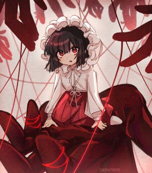 1girl aged_down artist_name baby black_hair blunt_bangs blunt_ends cheromo159 commentary disembodied_hand english_commentary full_body hair_between_eyes hakama hakama_skirt hands_on_ground headdress highres japanese_clothes limbus_company long_sleeves official_alternate_costume parted_lips project_moon puffy_long_sleeves puffy_sleeves red_eyes red_skirt ribbon ryoshu_(project_moon) shirt short_hair sidelocks sitting_on_hand skirt socks solo string string_of_fate teeth upper_teeth_only white_ribbon white_shirt white_socks