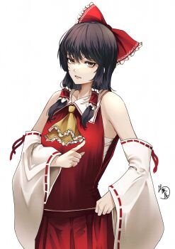 1girl ascot bow brown_eyes brown_hair chest_sarashi commentary_request detached_sleeves frilled_bow frilled_hair_tubes frills hair_bow hair_tubes hakurei_reimu highres long_hair looking_at_viewer open_mouth red_bow red_skirt ribbon-trimmed_sleeves ribbon_trim sarashi signature simple_background skirt skirt_set solo touhou white_background yagoro_kusuriya yellow_ascot