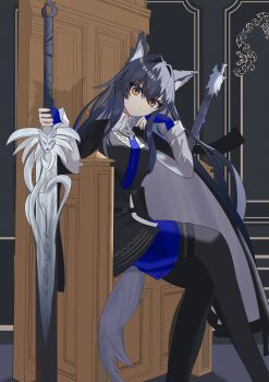 1girl absurdres animal_ears arknights black_hair black_pantyhose blue_gloves blue_shorts breasts commentary_request fingerless_gloves giru_rei gloves hair_between_eyes highres long_hair looking_at_viewer medium_breasts official_alternate_costume orange_eyes pantyhose shirt short_shorts shorts solo texas_(arknights) texas_the_omertosa_(arknights) thighs weapon white_shirt wolf_ears wolf_girl