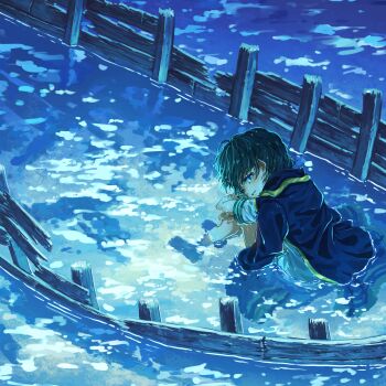 Rule 34 | 1girl, black coat, blue eyes, boat, coat, coat on shoulders, commentary, green hair, highres, hugging own legs, looking at viewer, murasa minamitsu, no headwear, partially submerged, shirt, short sleeves, shorts, sitting, solo, suteruko, touhou, water, watercraft, wet, wet clothes, wet hair, white shirt, white shorts