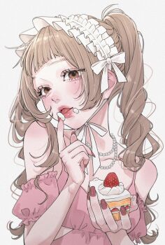 1girl aegyo_sal blonde_hair blurry brown_eyes cake cream cream_on_face cream_on_finger depth_of_field detached_sleeves dress eyelashes film_grain fingernails food food_on_face hair_over_shoulder hat hat_ribbon highres holding holding_cake holding_food jewelry licking licking_finger long_fingernails long_hair modeling mole mole_under_eye nail_polish necklace original pearl_necklace pink_dress puffy_detached_sleeves puffy_short_sleeves puffy_sleeves red_nails ribbon short_bangs short_sleeves strawberry_cake tamori_(tamori_www) tongue tongue_out twintails upper_body wavy_hair white_headdress