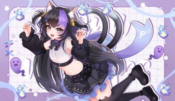 1girl absurdres aki_hoshino animal_ear_fluff animal_ears anya_nyabyss artist_name bell belt black_belt black_bow black_bowtie black_hair black_shoes black_skirt black_sleeves black_thighhighs bow bowtie cat_ears cat_girl commentary commission cropped_shirt detached_sleeves english_commentary hair_bell hair_ornament hair_ribbon hairpin highres long_hair multicolored_hair navel open_mouth phase_connect purple_hair purple_ribbon ribbon shirt shoes skirt sleeveless sleeveless_shirt star_(symbol) stomach streaked_hair thighhighs virtual_youtuber white_shirt