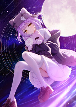 1girl absurdres animal_ear_headwear beanie black_cardigan black_ribbon block_heels blunt_bangs blush cardigan comet commentary_request dress dutch_angle fake_animal_ears full_moon fur-trimmed_thighhighs fur_trim ghost_hair_ornament hair_ribbon hat highres holding holding_stuffed_toy knees_up long_sleeves looking_at_viewer moon moonlight night parted_lips platform_shoes purple_hair reflection reflective_liquid ribbon ripples sasamisable shinomiya_runa short_hair sitting sky sleeves_past_fingers sleeves_past_wrists solo star_(sky) starry_sky stuffed_animal stuffed_cat stuffed_toy thighhighs thighs two_side_up virtual_youtuber vspo! water white_dress yellow_eyes